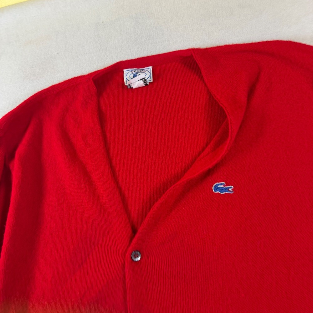 Vintage Izod Lacoste Red Cardigan Sweater Blue Crocodile Logo V-Neck Large
